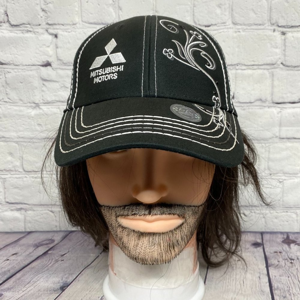 Mitsubishi Motors Hat Cap Strap Back Black Pony Tail Hole Embroidered Logo Beads